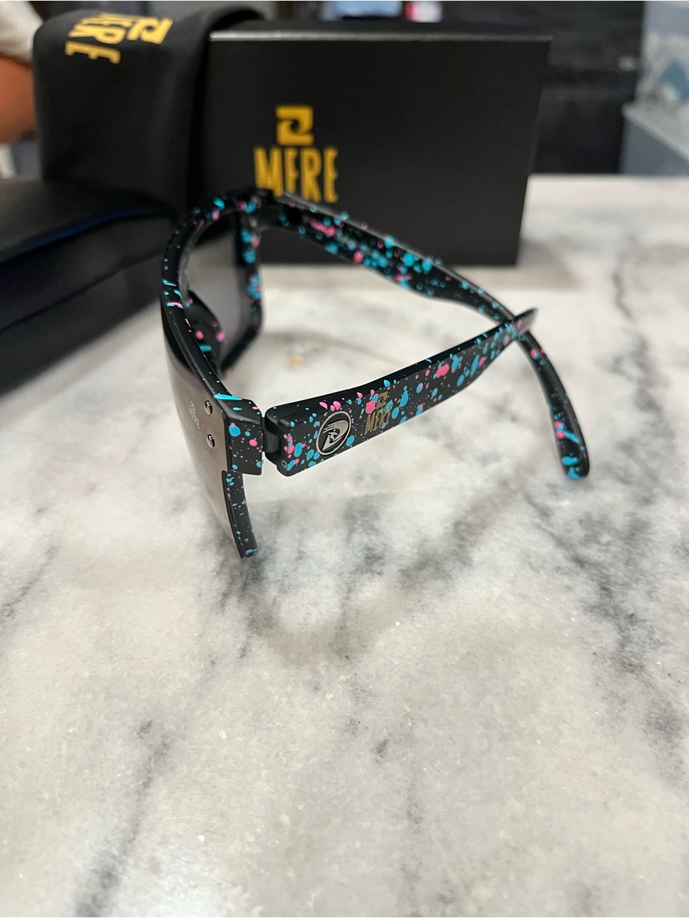 Black Sunglasses with Blue & Pink Splatter Accent - Women